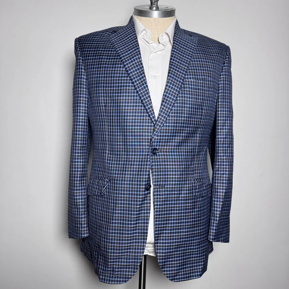 Clothing by Andre Blazer Mens 42L Blue Brown Check Wool Two Button Sport Coat